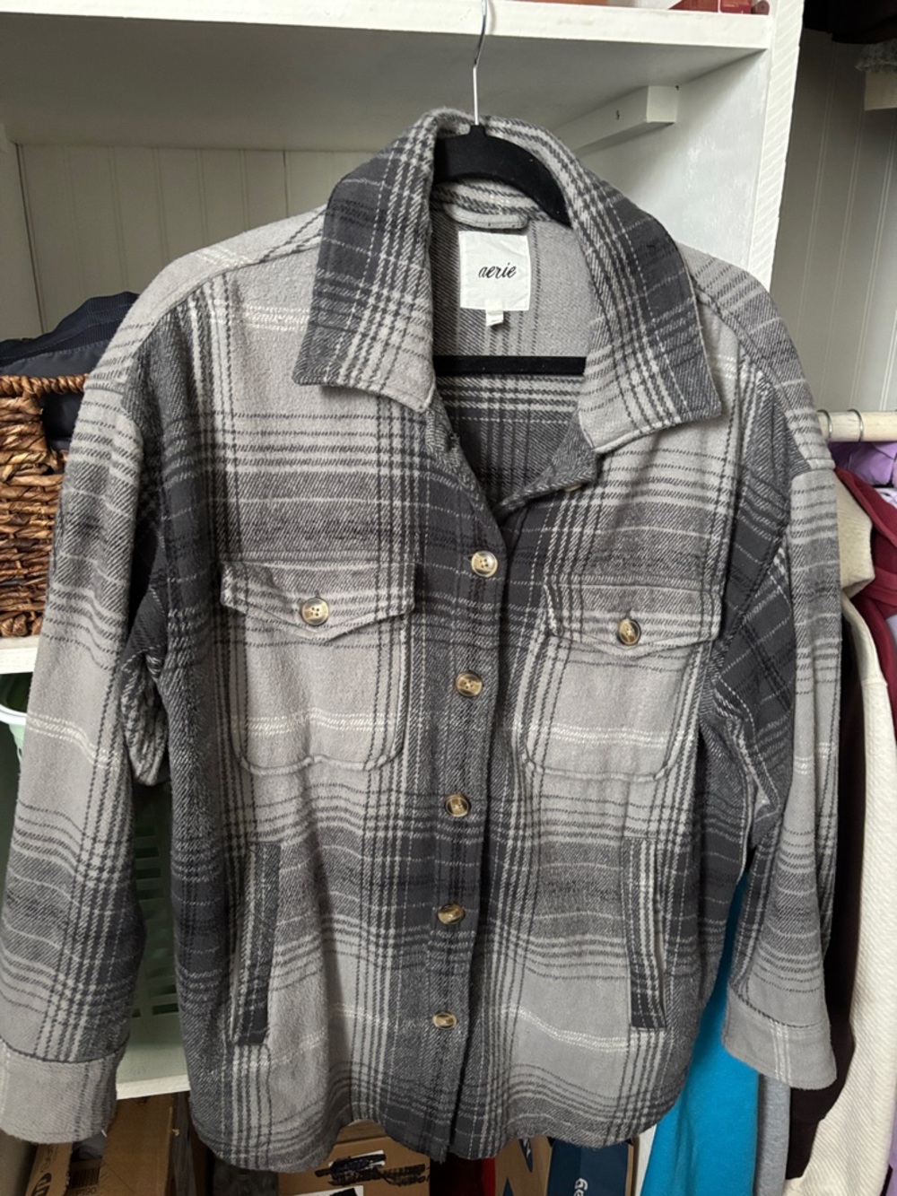 ‼️Aerie Gray Plaid Button-Front Shacket